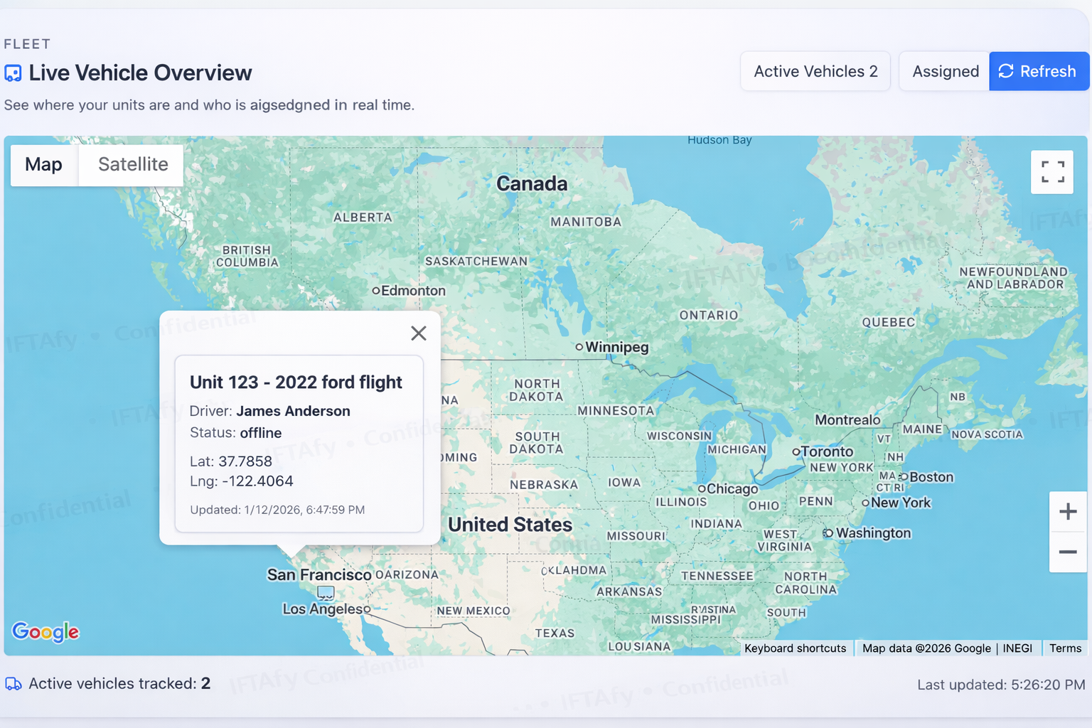 Fleet tracking map with vehicle status