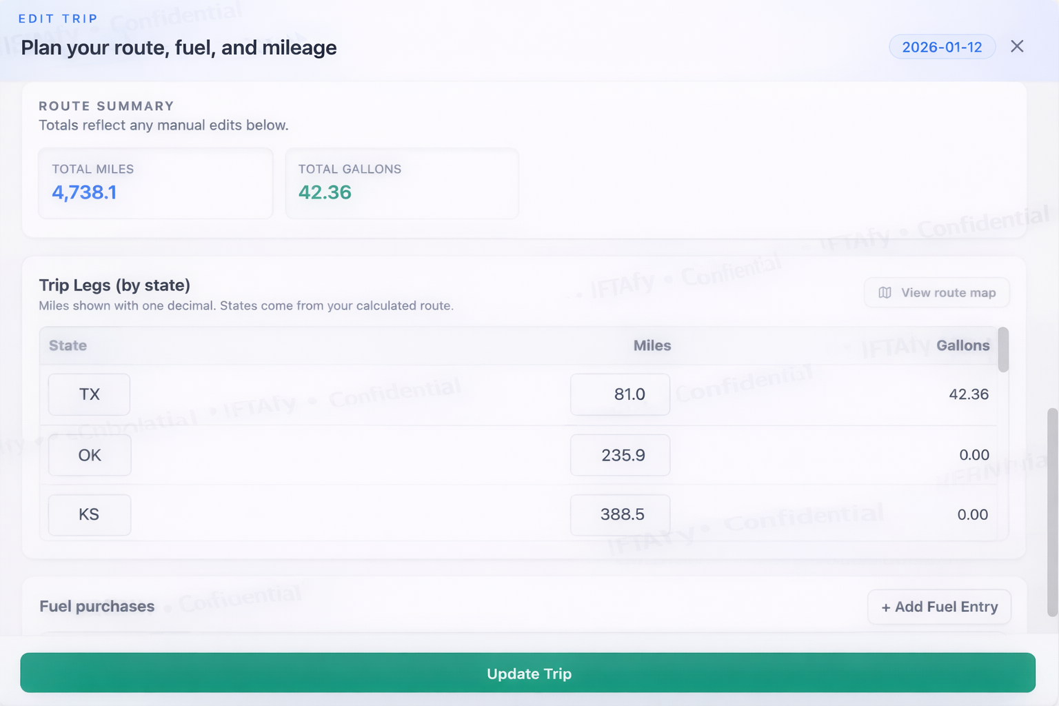 Trip detail with state splits and route