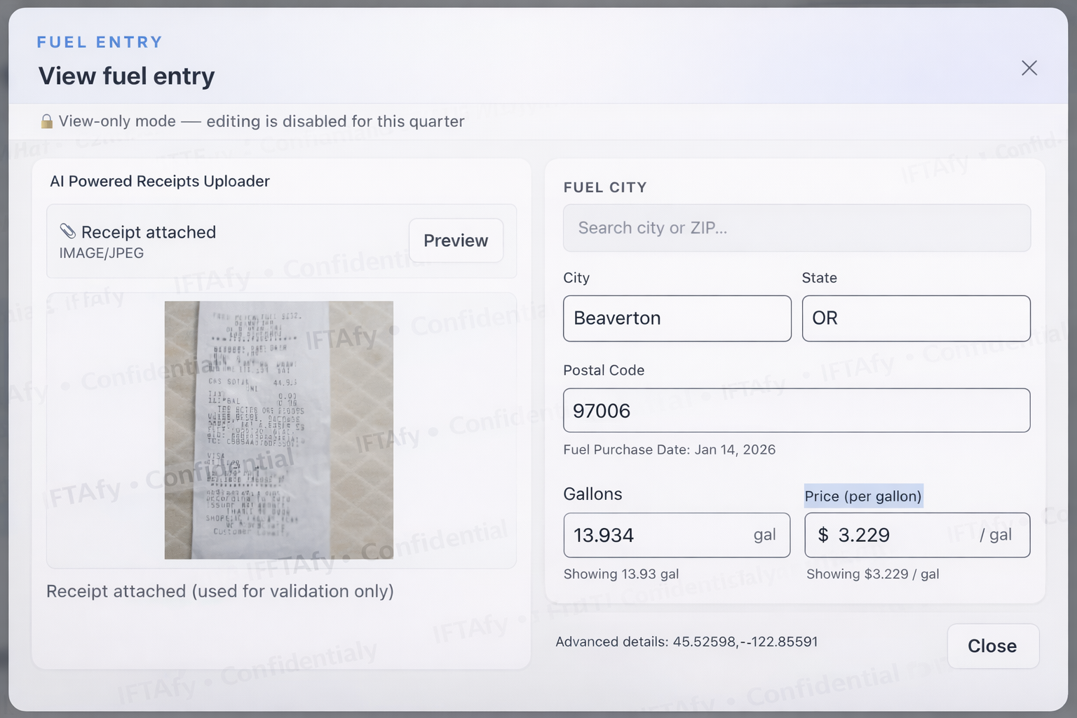 Fuel entry with receipt validation