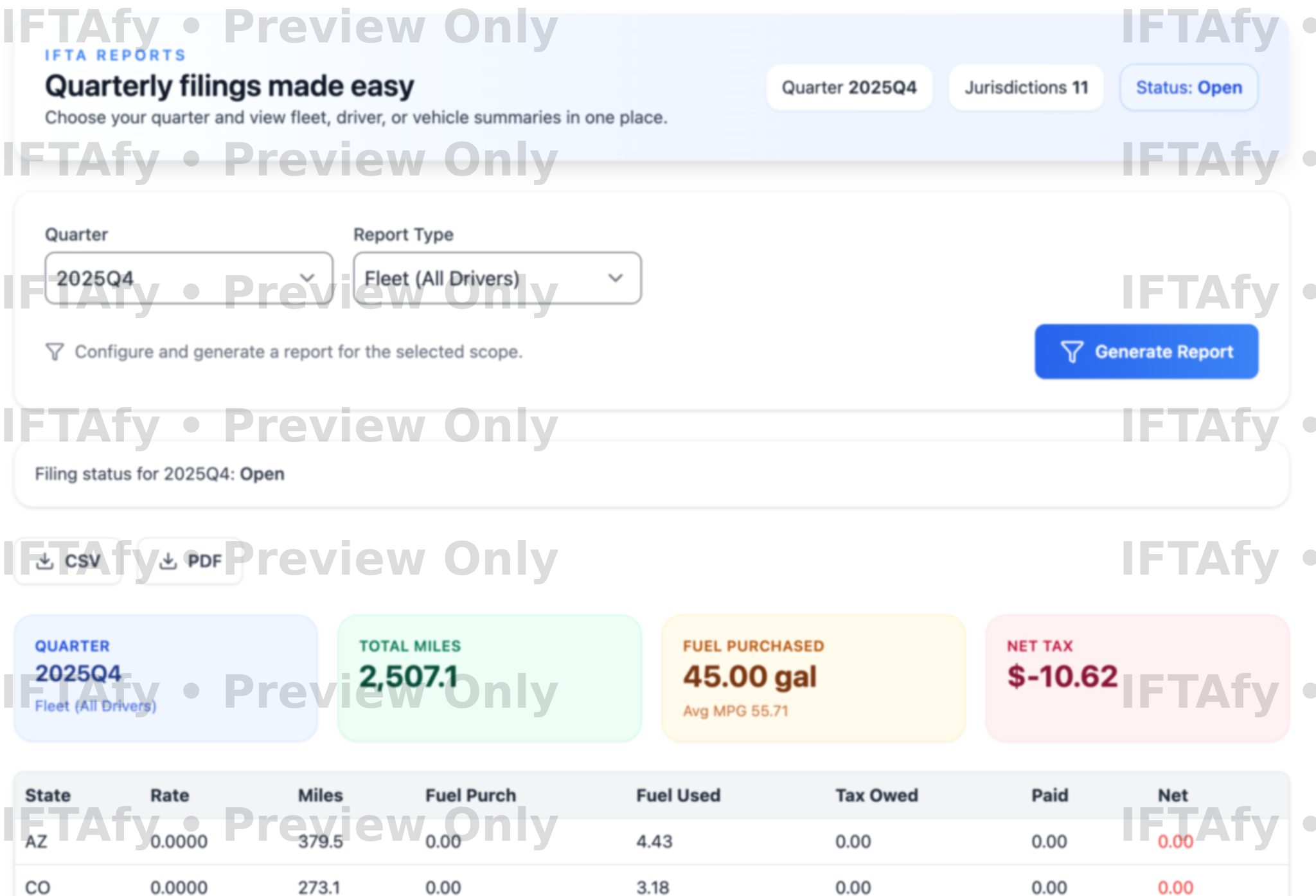 IFTA report summary export view